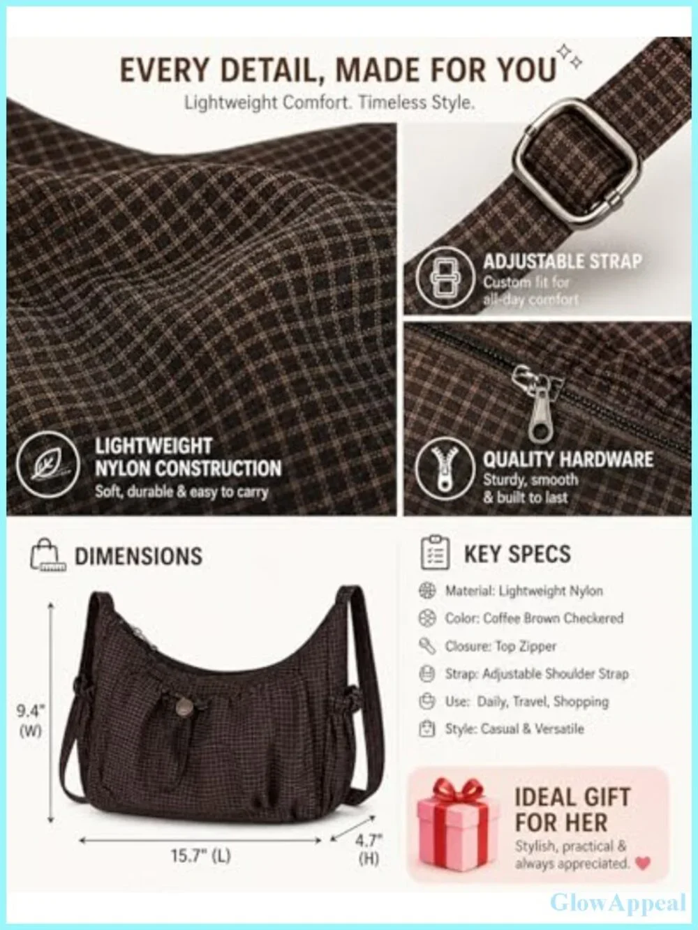 Plaid Nylon Crossbody Hobo Bag Slouchy Crescent Messenger Purse
